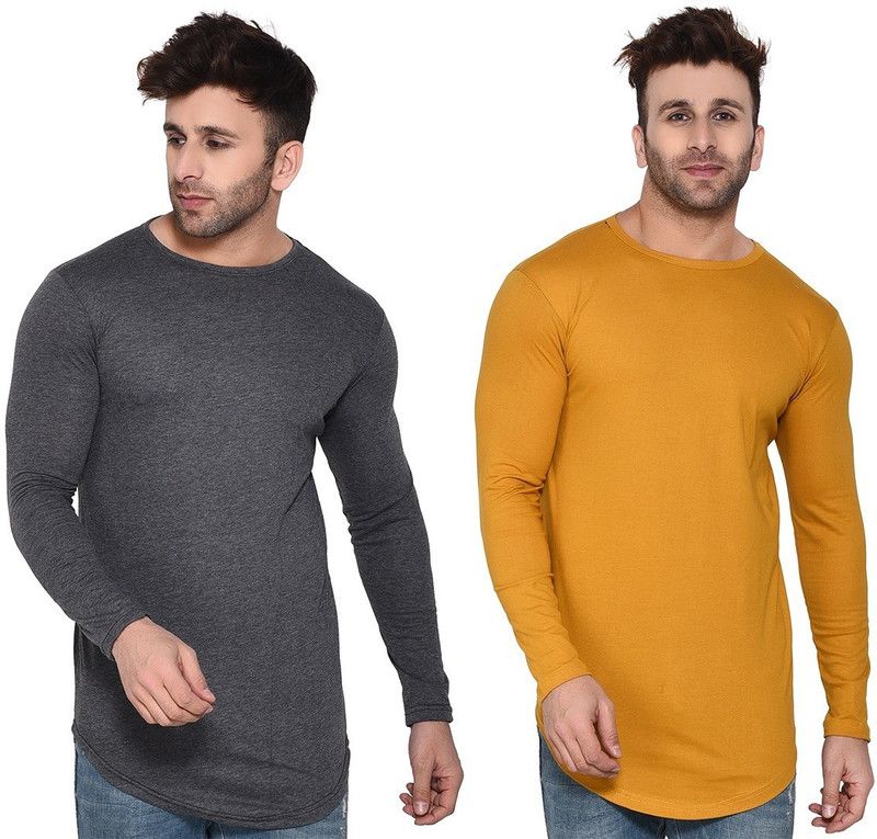 Pack of 2 Faizaan Men Solid Round Neck Cotton Blend Gold, Grey T-Shirt