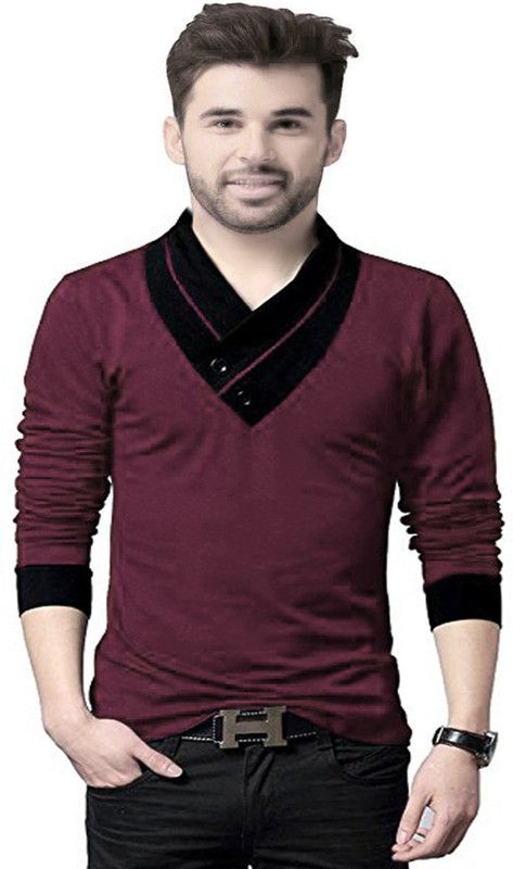 Men Self Design V Neck Cotton Blend Maroon T-Shirt