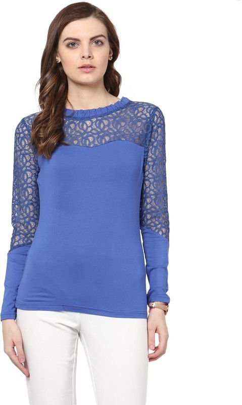 Casual Regular Sleeves Lace, Solid Women Blue Top