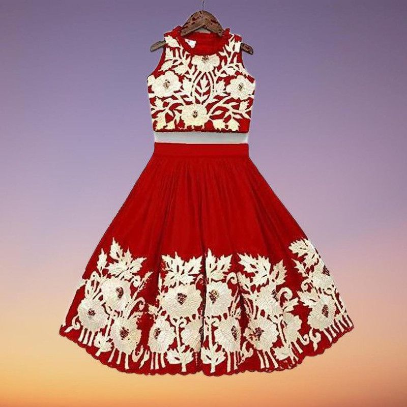 Girls Lehenga Choli Ethnic Wear Embroidered Lehenga & Crop Top  (Red, Pack of 1)