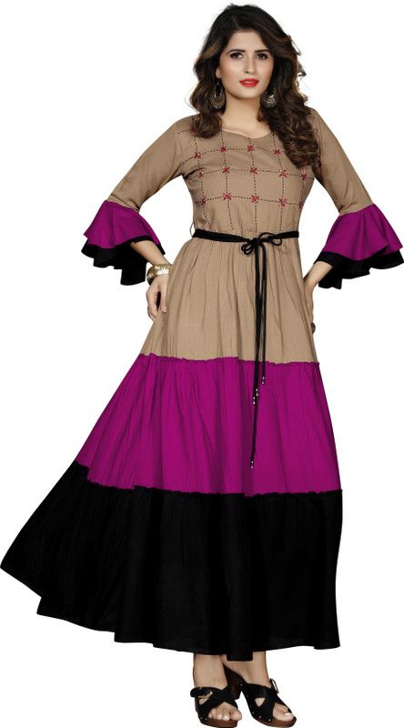 Solid Cotton Rayon Stitched Anarkali Gown  (Purple)