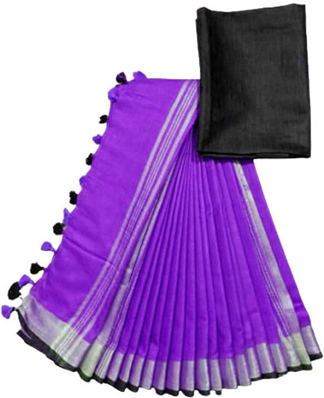 Solid/Plain Bhagalpuri Handloom Cotton Linen Saree  (Purple)