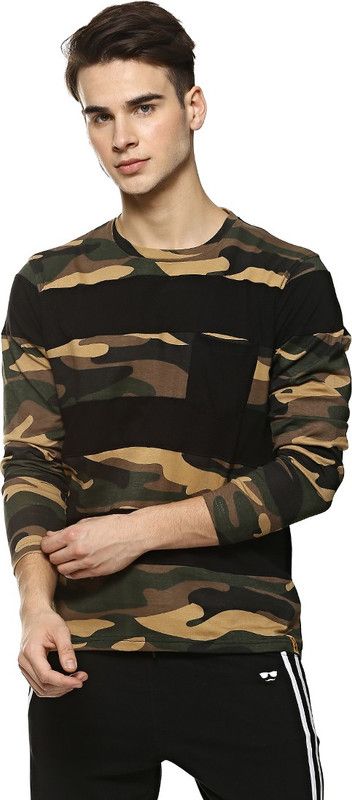 Men Military Camouflage Round Neck Cotton Blend Multicolor T-Shirt