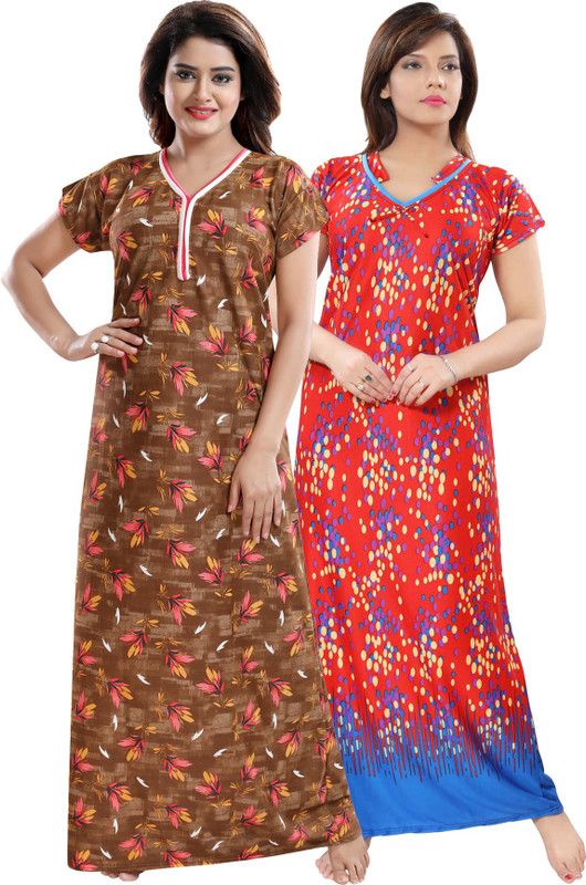 Pack of 2 Women Nighty  (Brown, Red, Yellow)
