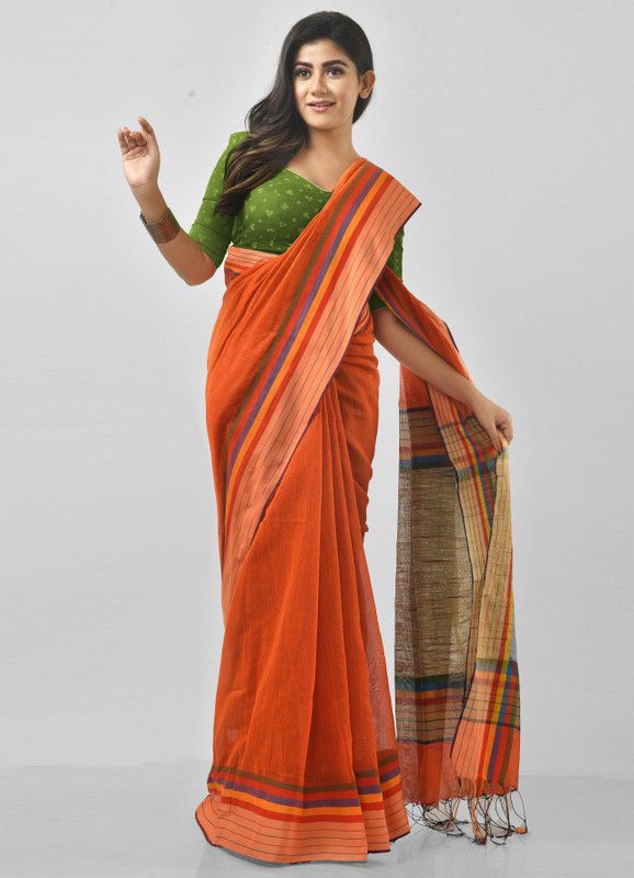 Woven Handloom Handloom Cotton Blend Saree  (Brown, Orange)