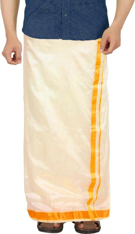 Prakasam Cotton Art Silk Fabric Welcro Pocket Cream Readymade Double Solid Men Dhoti