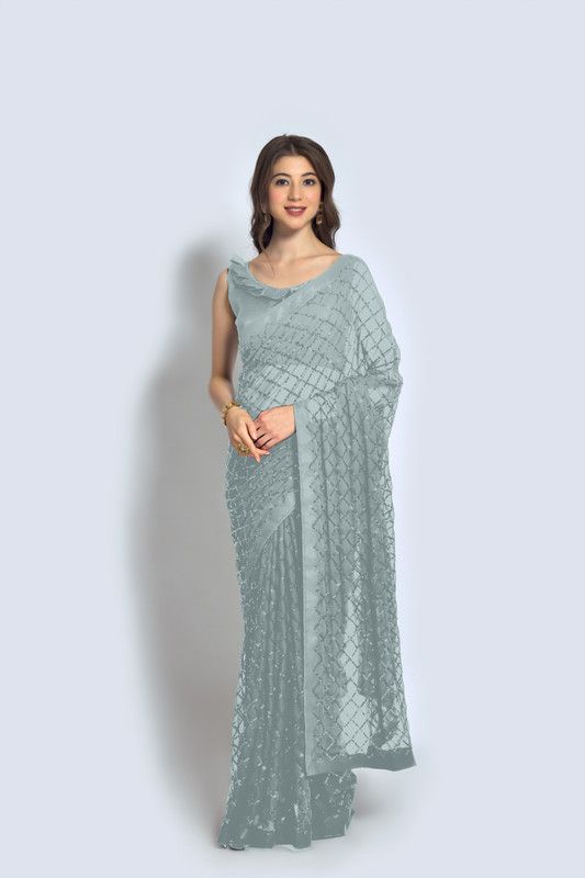 Embellished, Checkered Banarasi Georgette Saree  (Grey)