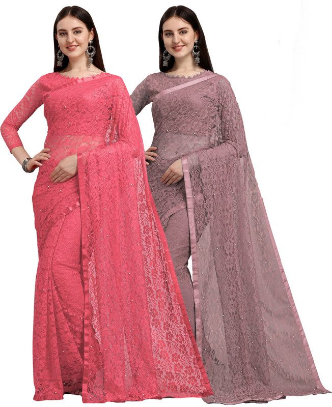 Fashion Brasso Saree  (Pack of 2, Pink, Beige)