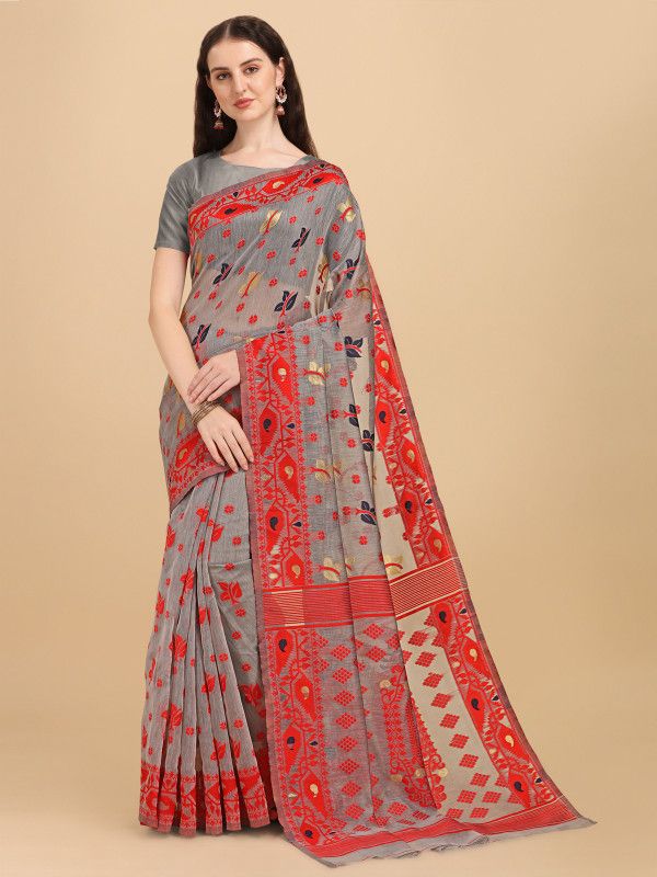 Self Design Jamdani Cotton Linen Saree  (Grey)