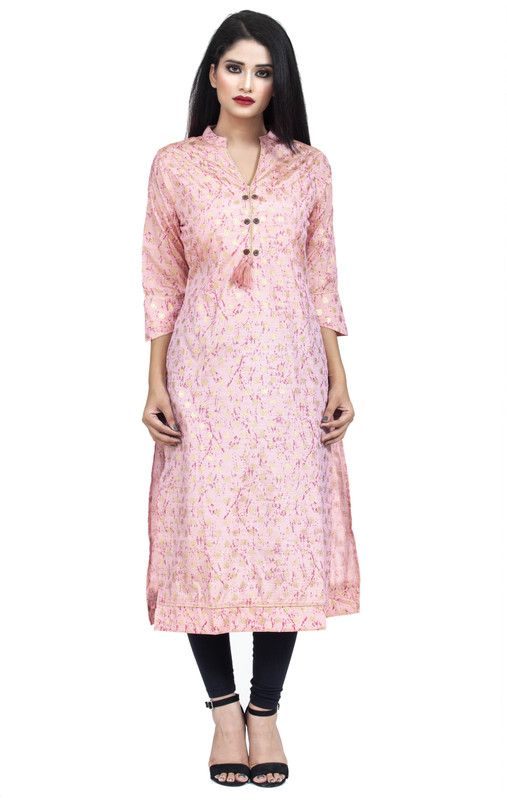 Women Printed Chanderi Straight Kurta  (Gold, Pink)