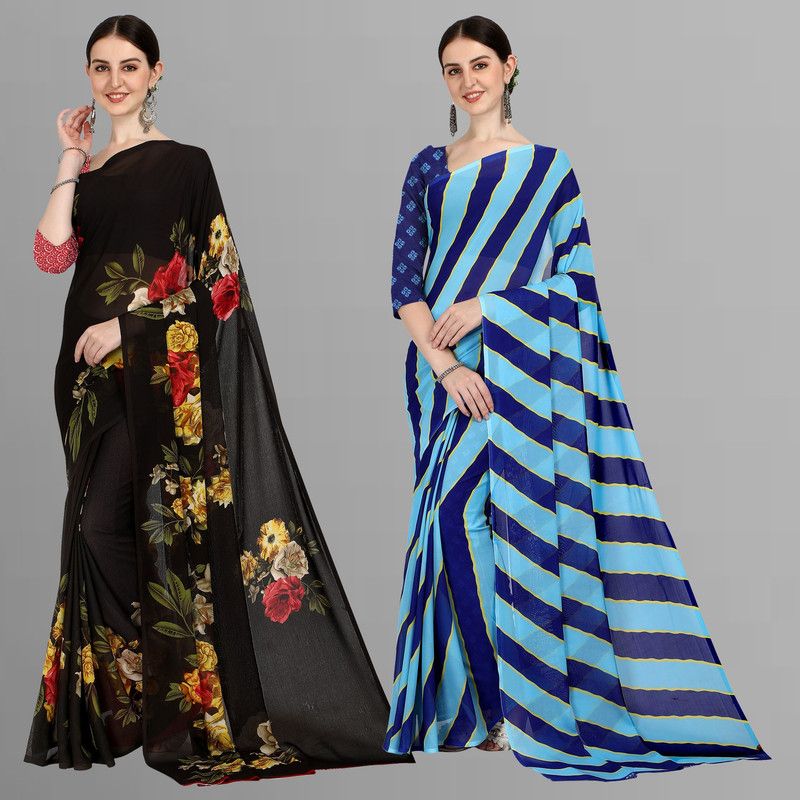 Floral Print Daily Wear Georgette Saree  (Pack of 2, Light Blue, Brown)
