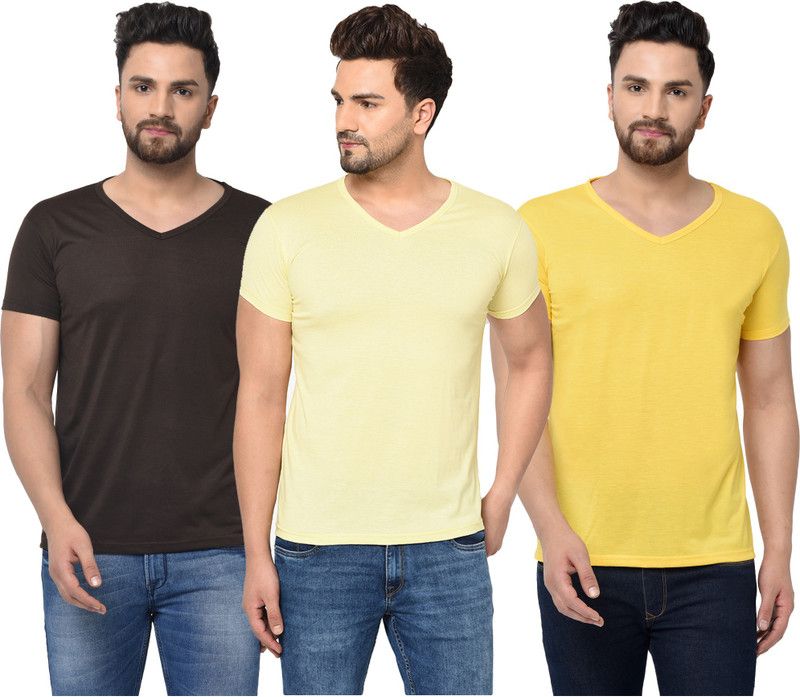 Pack of 3 V neck Combo T-shirts Men Solid V Neck Cotton Blend Brown, Yellow T-Shirt
