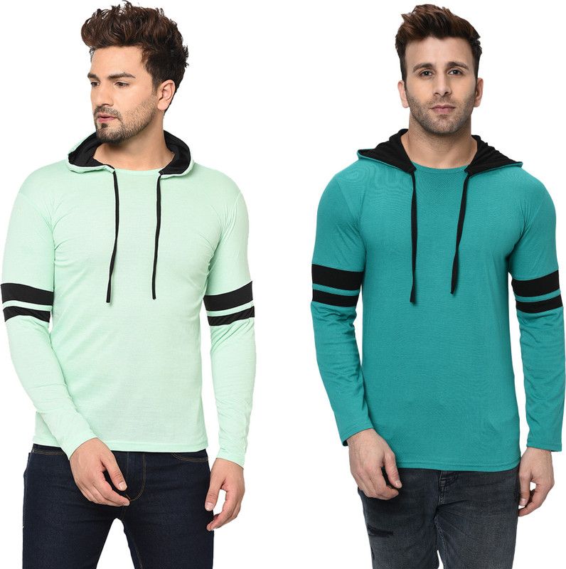 Pack of 2 Double Hood Combo Men Solid Hooded Neck Cotton Blend Light Green T-Shirt