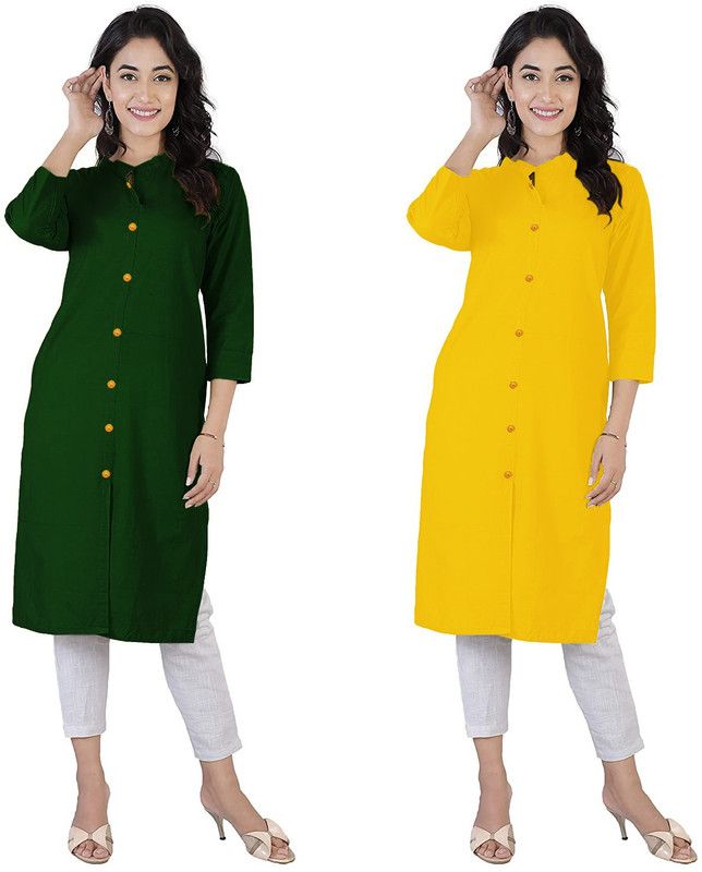 Women Solid Kurta  (Light Green, Yellow)