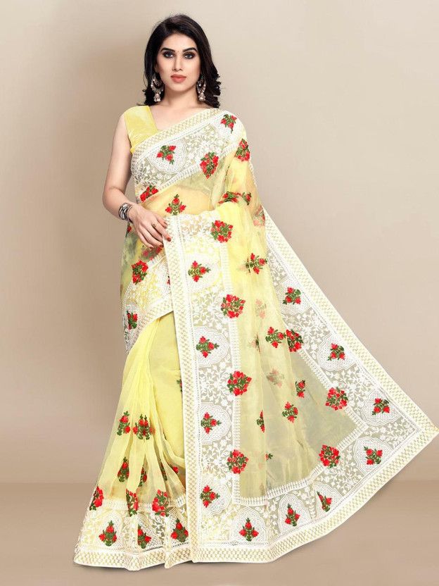 Embroidered Daily Wear Organza Saree  (Yellow)