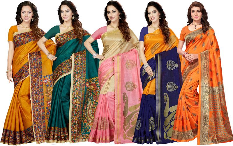 Printed Bollywood Silk Blend Saree  (Pack of 5, Multicolor)