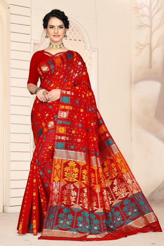 Floral Print Jamdani Pure Cotton Saree  (Red)