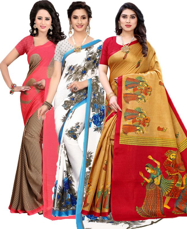 Printed Bollywood Georgette Saree  (Pack of 3, Red, Light Blue, Cream)