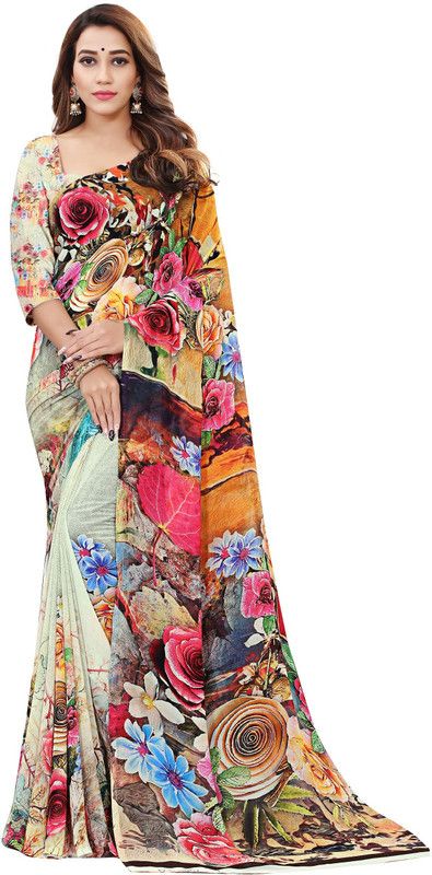 Printed, Digital Print, Graphic Print, Floral Print Bollywood Georgette Saree  (Light Green)