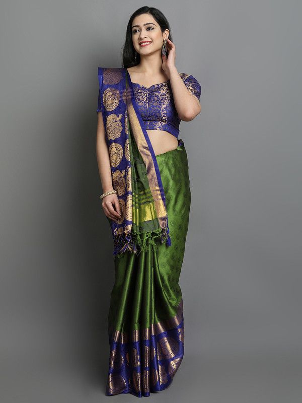 Woven Dharmavaram Jacquard Saree  (Green, Light Green)