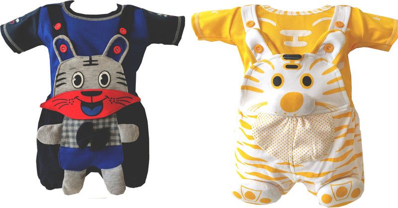 Dungaree For Baby Boys & Baby Girls Printed Cotton Linen Blend  (Multicolor, Pack of 2)
