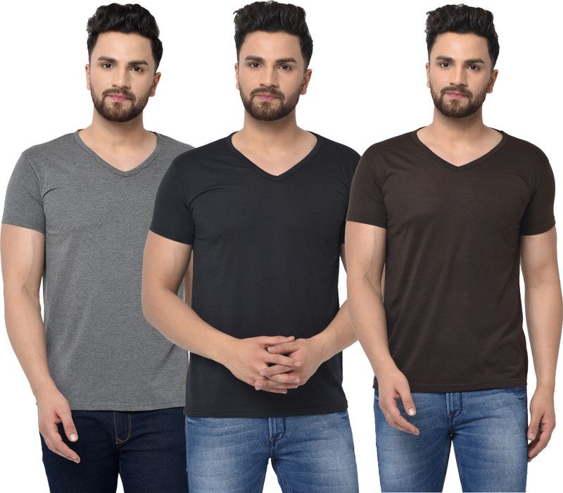 Pack of 3 V neck Combo T-shirts Multicolor Men Solid V Neck Cotton Blend Brown, Black, Grey T-Shirt