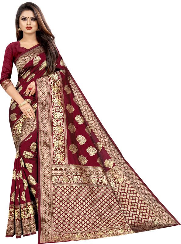 Woven Banarasi Silk Blend, Pure Silk Saree  (Maroon)
