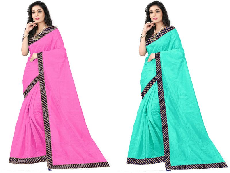 Solid/Plain Daily Wear Art Silk Saree  (Pack of 2, Blue, Pink)