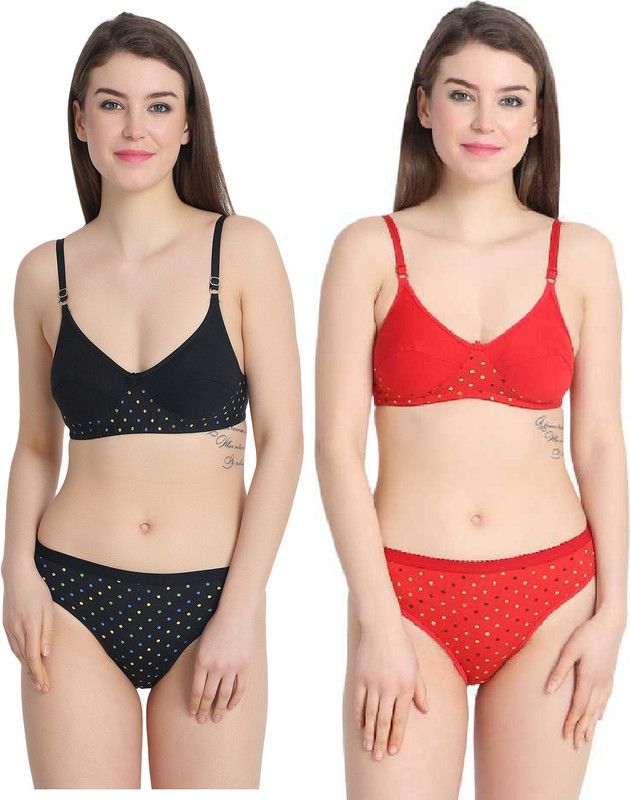 Bra & Panty Set Polka Print Red, Black Lingerie Set