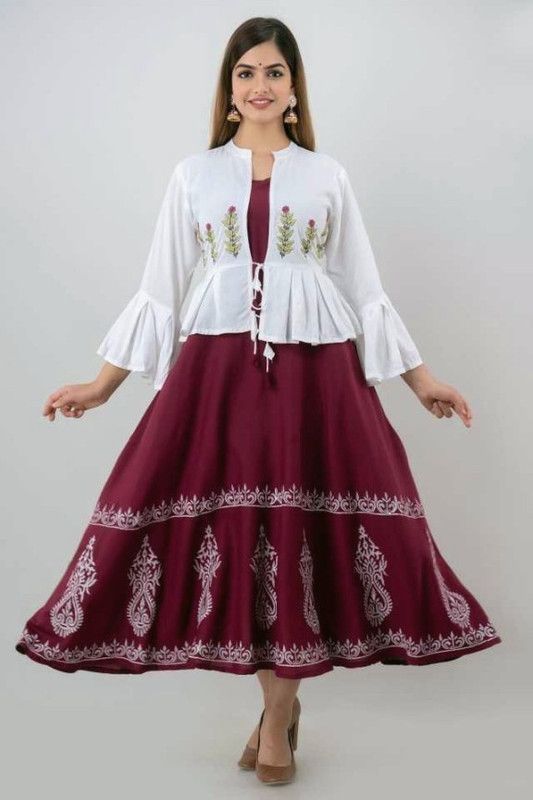 Women Block Print, Embroidered Viscose Rayon Flared Kurta  (Maroon)