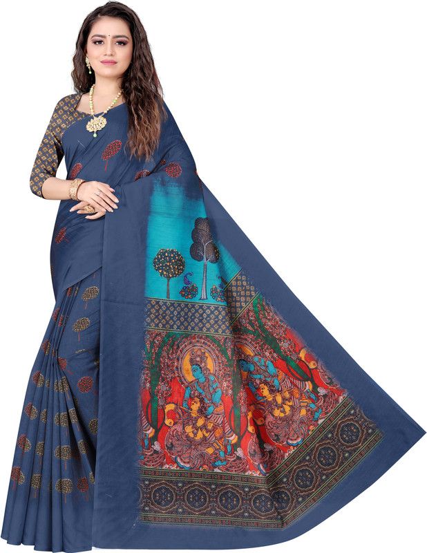 Printed Mysore Cotton Blend Saree  (Dark Blue)