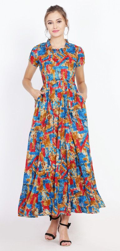 Printed Cotton Blend Stitched Straight Gown  (Green)