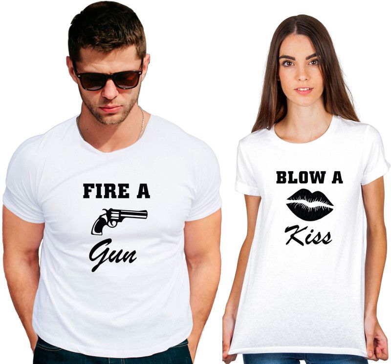 Pack of 2 Fire a gun blow a kiss 100% cotton Round neck Half sleeve Unisex White Couple Love Tshirt Couple Graphic Print Round Neck Cotton Blend White T-Shirt