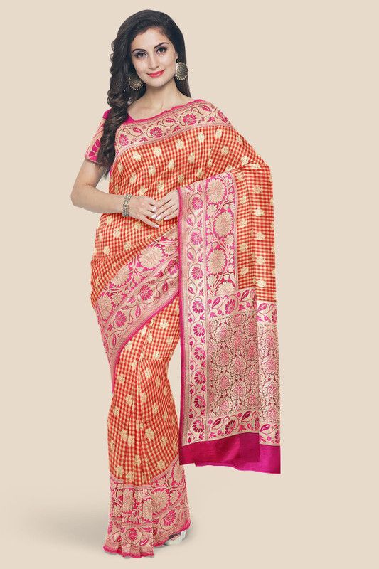 Printed Banarasi Pure Silk Saree  (Orange)