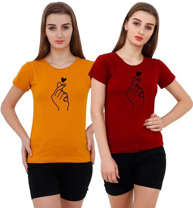 Graphic Print Women Maroon, Yellow T-Shirt  (Pack of 2)