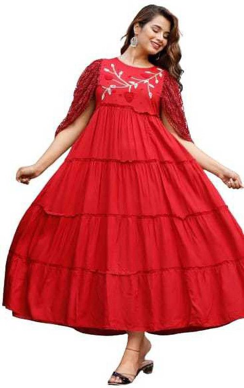 Women Embellished Viscose Rayon Gown Kurta  (Red)