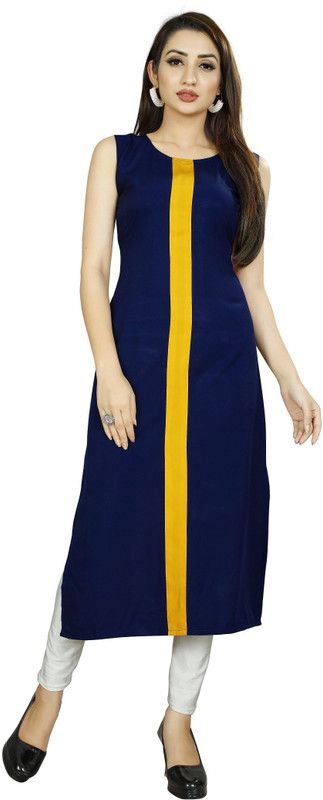 Women Solid Crepe Straight Kurta  (Blue, Yellow)