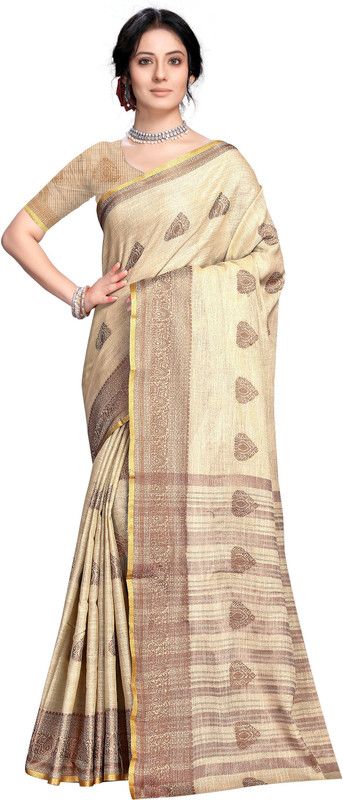 Self Design Kanjivaram Cotton Linen Saree  (Gold)