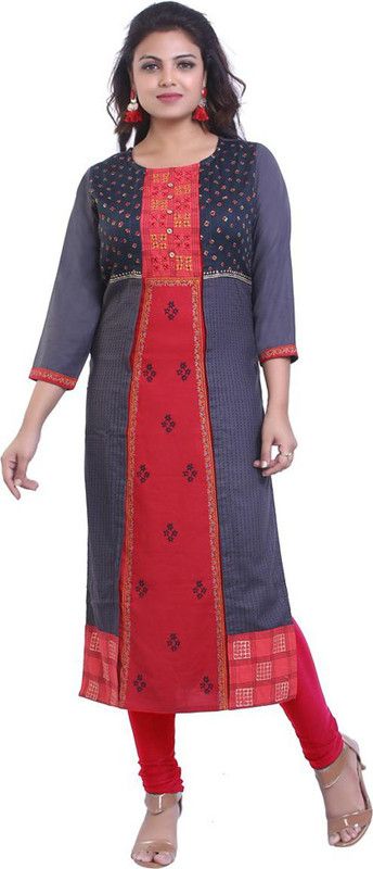 Women Printed, Embroidered Viscose Rayon Straight Kurta  (Red, Grey)