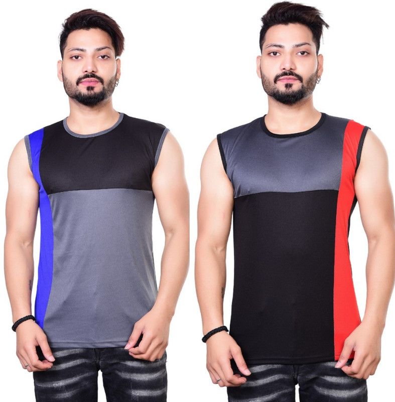 Pack of 2 Men Colorblock Round Neck Polyester Black, Grey T-Shirt
