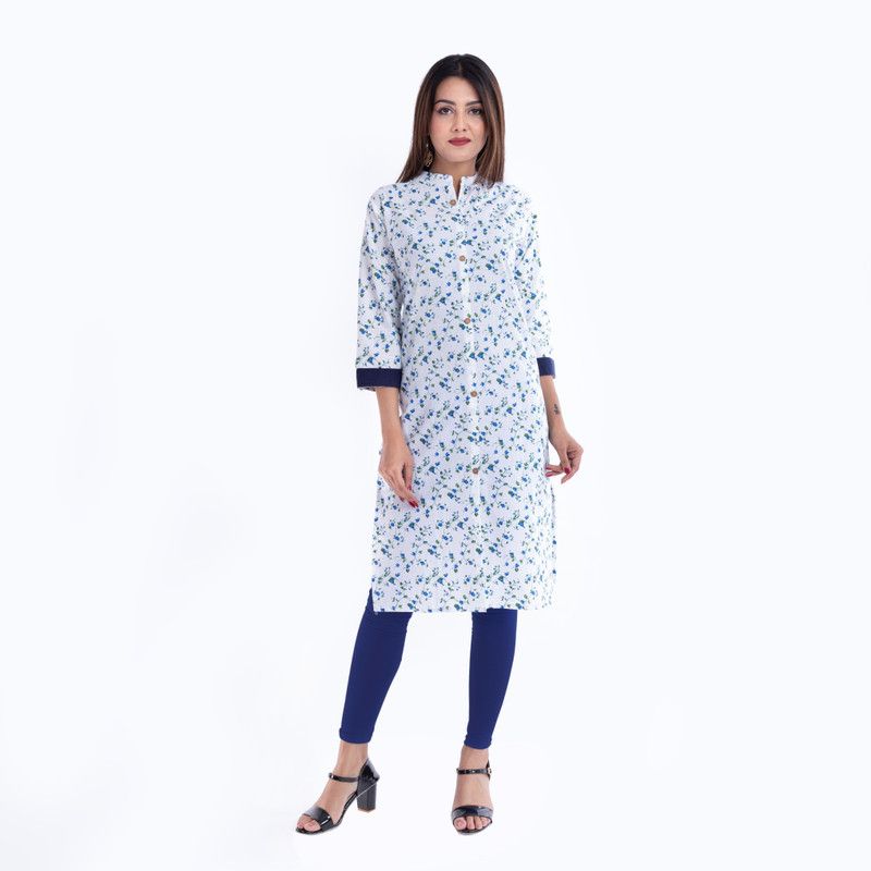 Women Floral Print Pure Cotton Frontslit Kurta  (Blue)