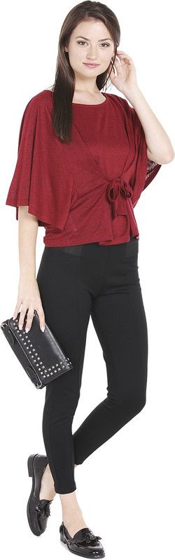 Party Batwing Sleeves Self Design Women Maroon Top