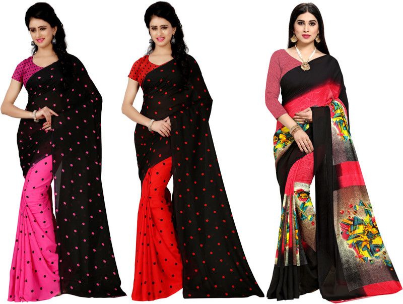 Printed Daily Wear Georgette Saree  (Pack of 3, Red, Black, Pink)