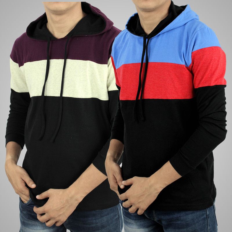 Pack of 2 Men Colorblock Hooded Neck Pure Cotton Multicolor T-Shirt