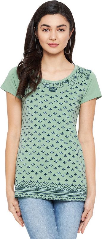 Neva Women Round Neck Short Sleeve Printed T-shirt Women Printed Round Neck Cotton Blend Green T-Shirt