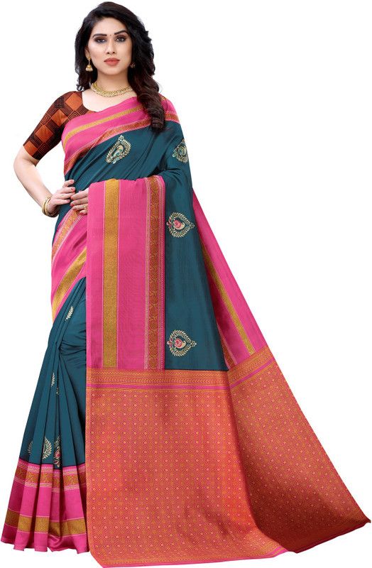 Printed, Paisley, Geometric Print Banarasi Cotton Silk Saree  (Dark Blue)