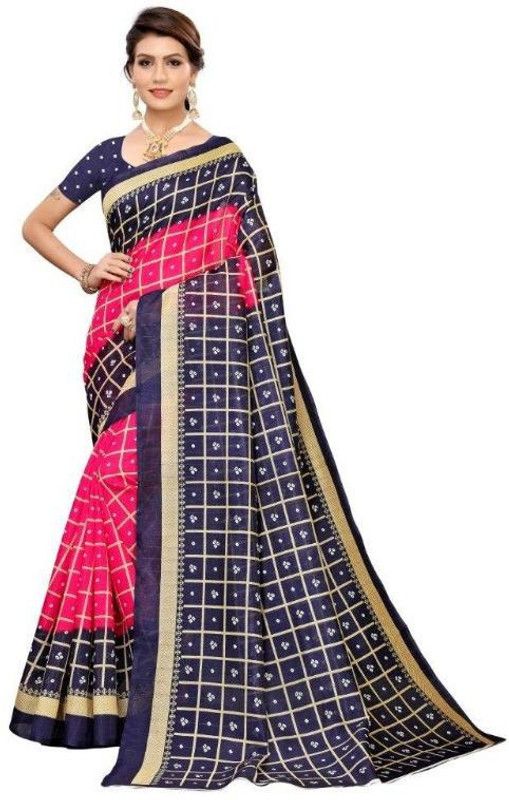 Checkered Bandhani Linen Saree  (Blue, Pink)