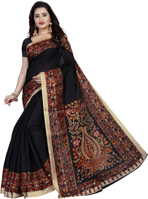 Printed Fashion Cotton Silk Saree  (Black)