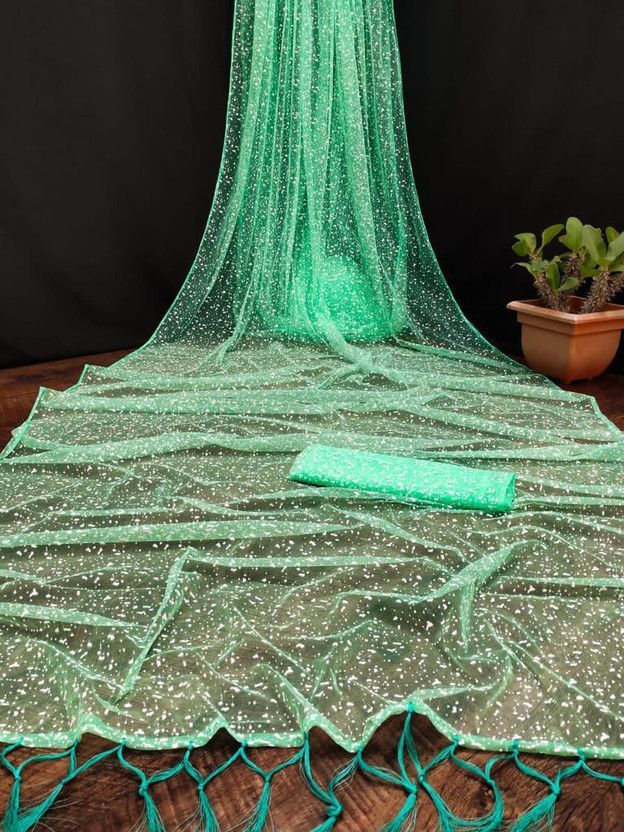 Woven Bollywood Net Saree  (Green, White)