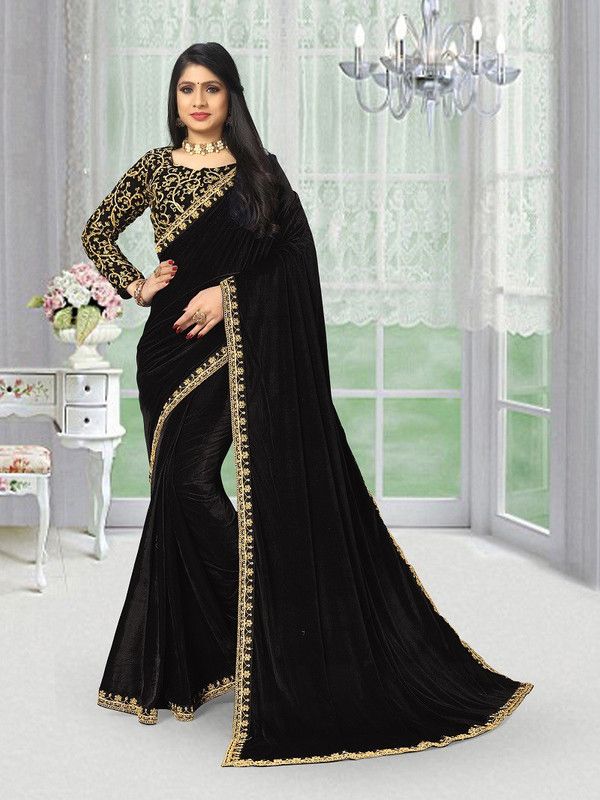 Embroidered Bollywood Velvet Saree  (Black)